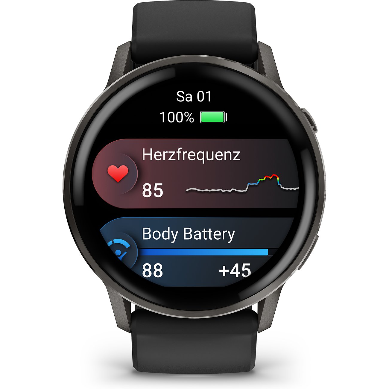 Eine Garmin Smartwatch aus schwarzem Kunststoff zeigt Details zur Herzfrequenz und Körperbatterie an.