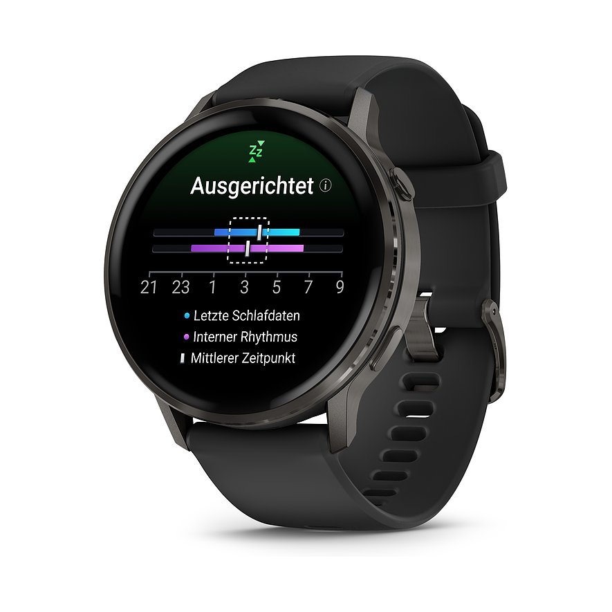 Schwarze Garmin Smartwatch aus Kunststoff mit dunklem Zifferblatt, das Schlafdaten und -rhythmus anzeigt.