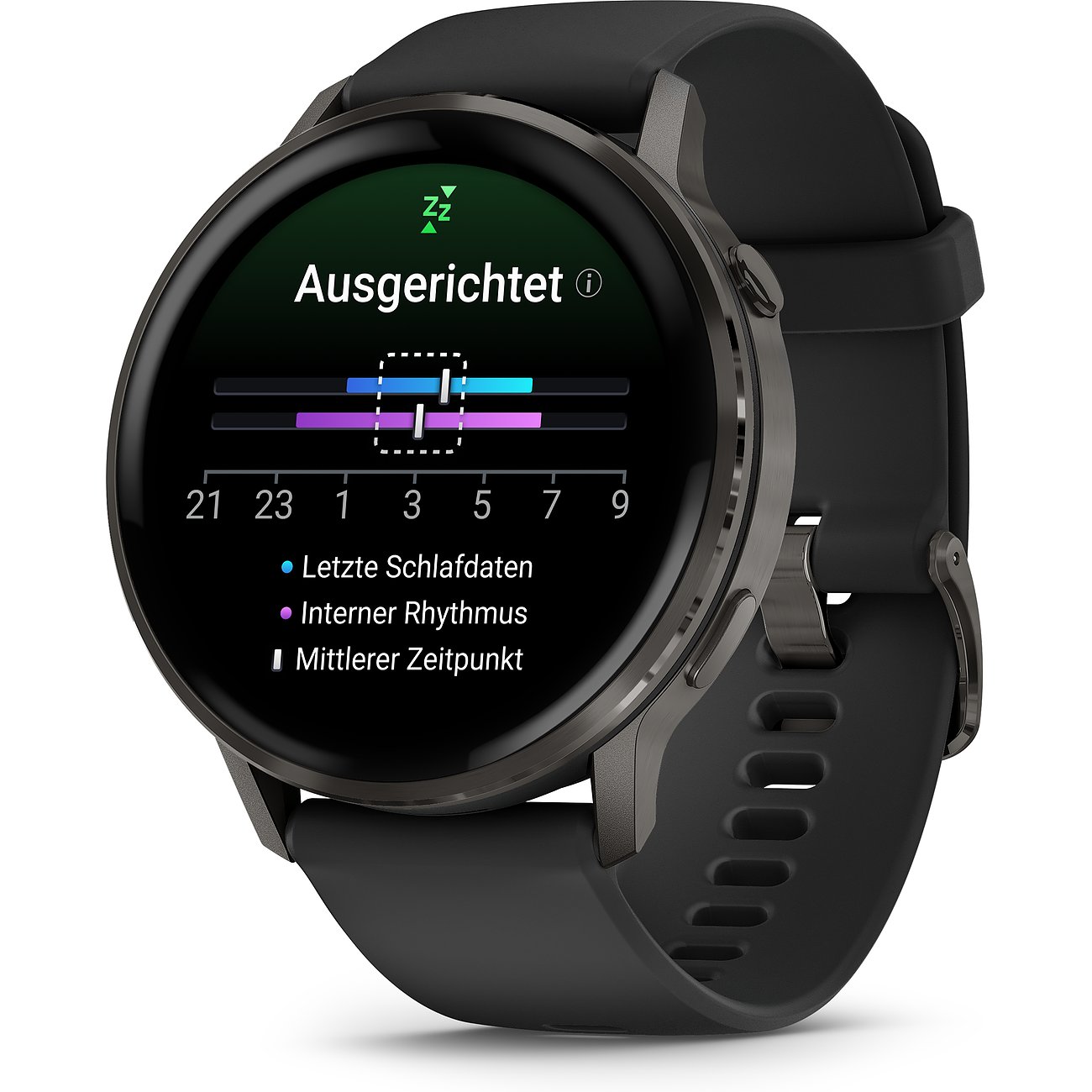 Schwarze Garmin Smartwatch aus Kunststoff mit dunklem Zifferblatt, das Schlafdaten und -rhythmus anzeigt.