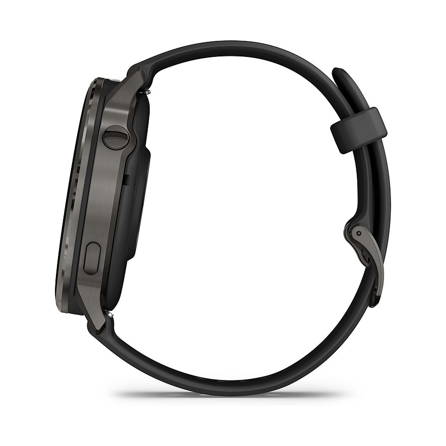 Seitenansicht der Garmin Smartwatch aus Kunststoff mit dunklem Gehäuse und schwarzem Armband.
