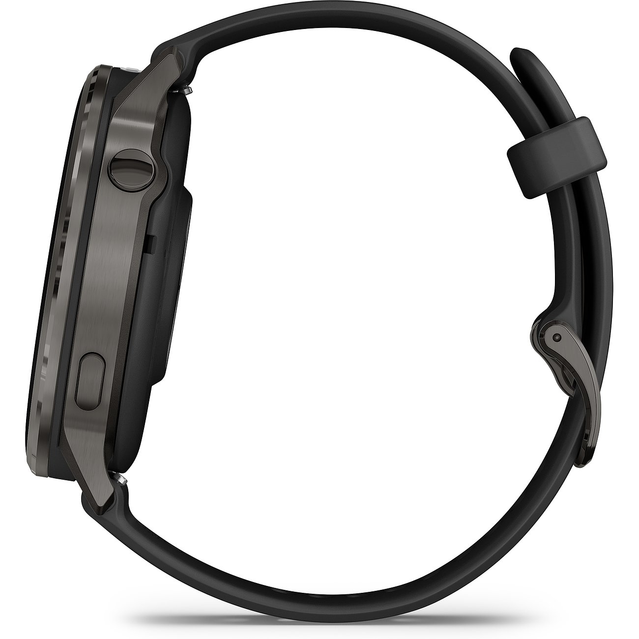 Seitenansicht der Garmin Smartwatch aus Kunststoff mit dunklem Gehäuse und schwarzem Armband.