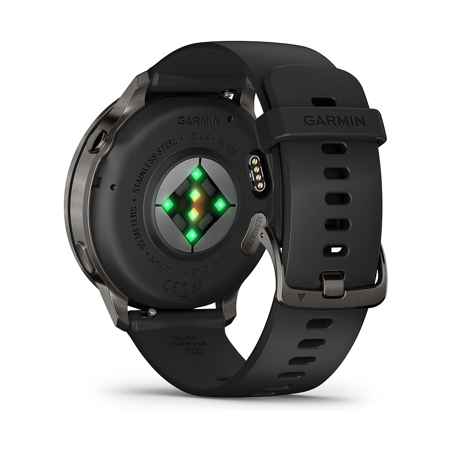 R Auf der R r ckseite der Garmin Smartwatch aus schwarzem Kunststoff sind mehrere leuchtende Sensoren zu sehen.