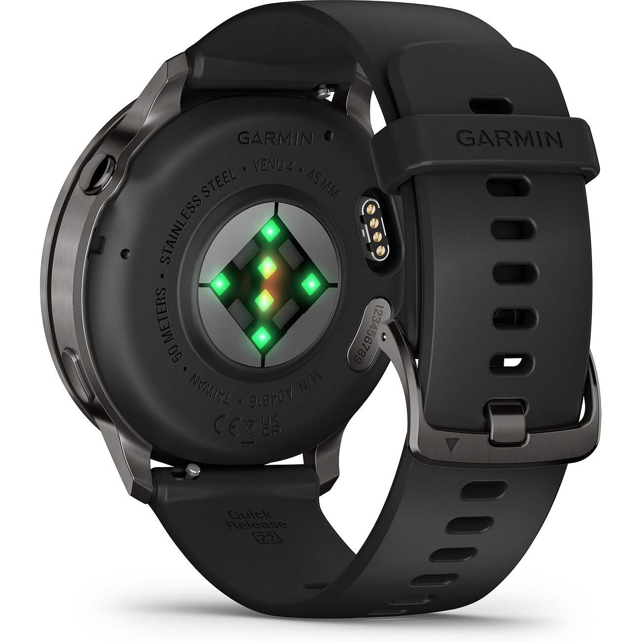 R Auf der R r ckseite der Garmin Smartwatch aus schwarzem Kunststoff sind mehrere leuchtende Sensoren zu sehen.