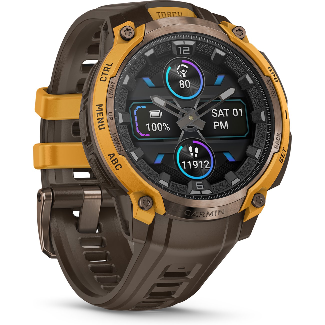 Eine graue Garmin Smartwatch aus Kunststoff mit gelben Akzenten und einem digitalen Zifferblatt.
