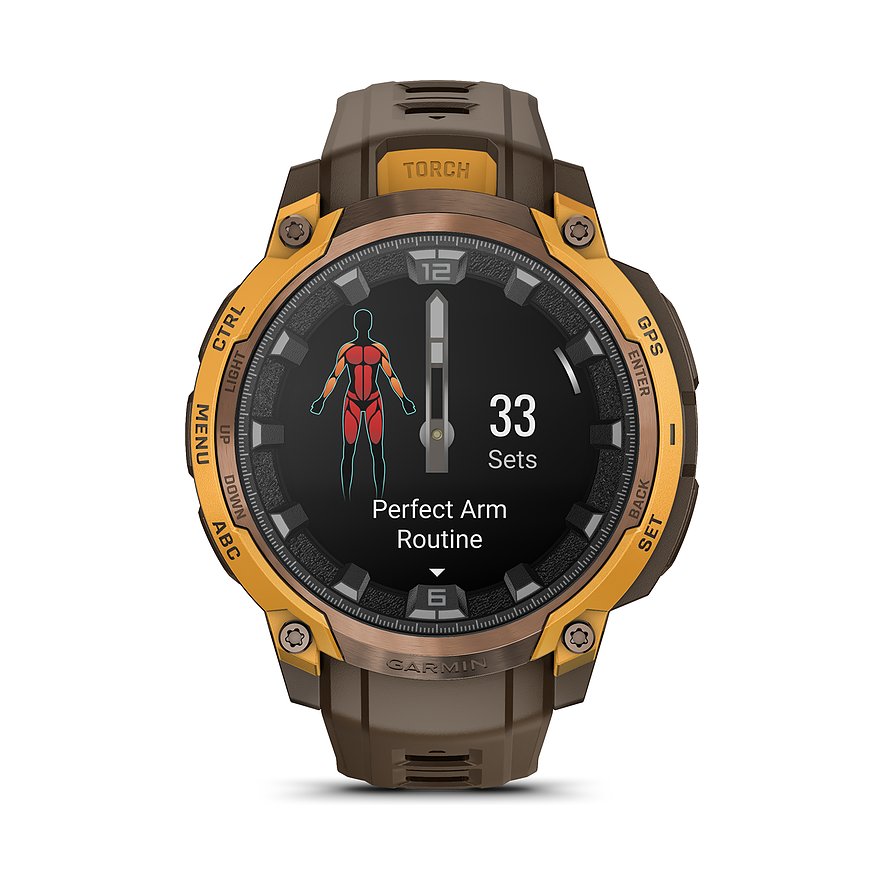 Eine Garmin Smartwatch aus Kunststoff in Braun und Gold mit einem Bildschirm, der eine Trainingseinheit anzeigt.