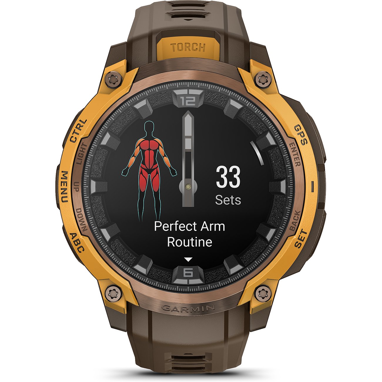 Eine Garmin Smartwatch aus Kunststoff in Braun und Gold mit einem Bildschirm, der eine Trainingseinheit anzeigt.