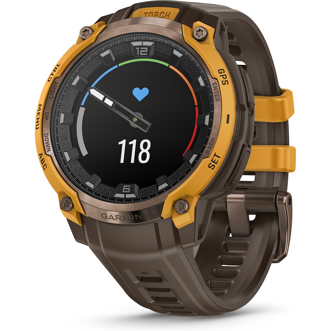 Garmin Smartwatch aus Kunststoff mit braunem Armband und goldener Lünette, zeigt eine Herzfrequenz von 118 an.
