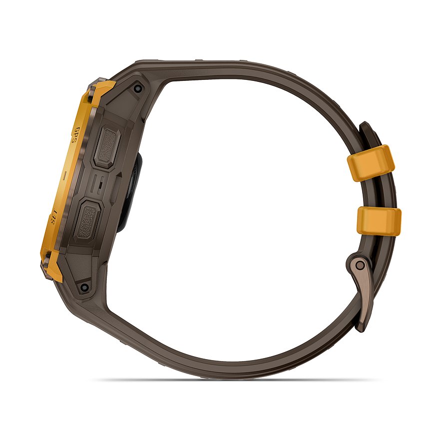 Seitenansicht der Garmin Smartwatch aus Kunststoff mit braunem Gehäuse und orangefarbenem Band.