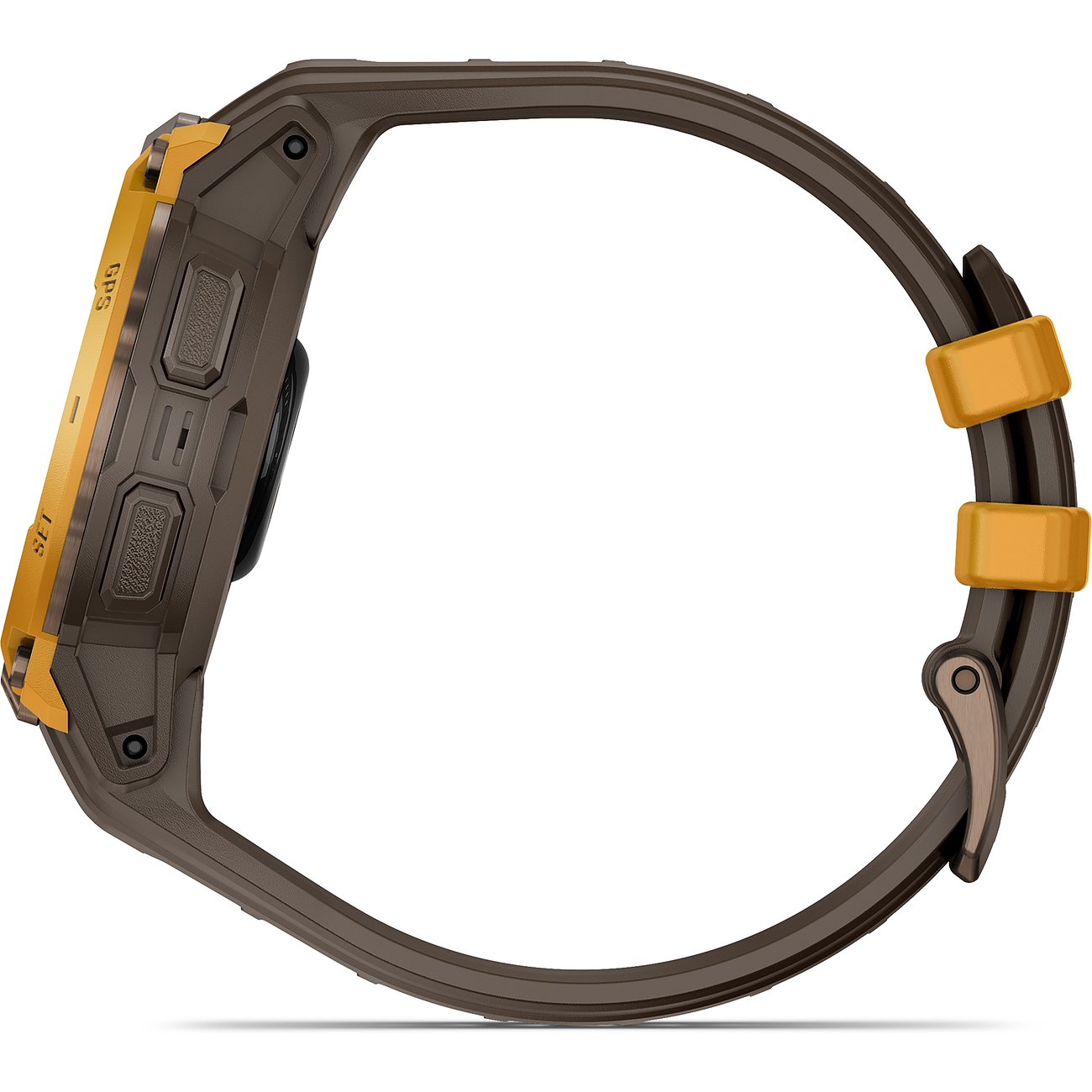 Seitenansicht der Garmin Smartwatch aus Kunststoff mit braunem Gehäuse und orangefarbenem Band.