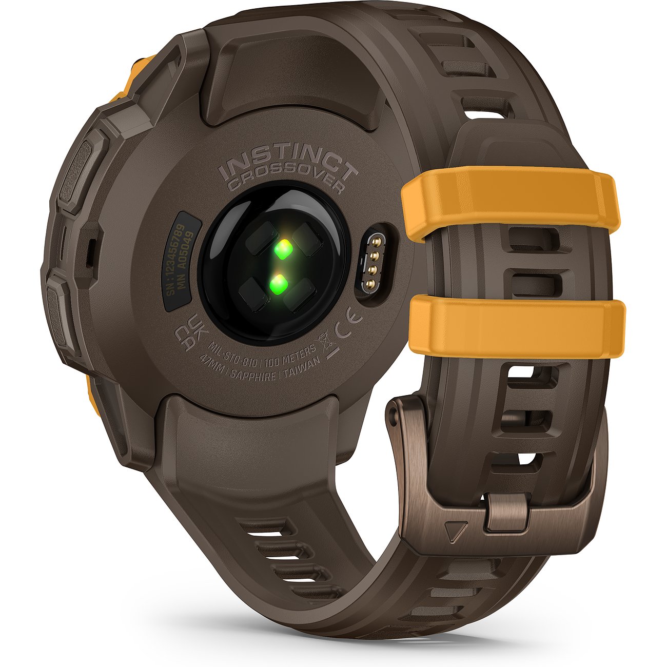 Rückansicht der Garmin Instinct Crossover Smartwatch aus braunem Kunststoff mit grünen Herzfrequenzsensoren und braunem Armband.