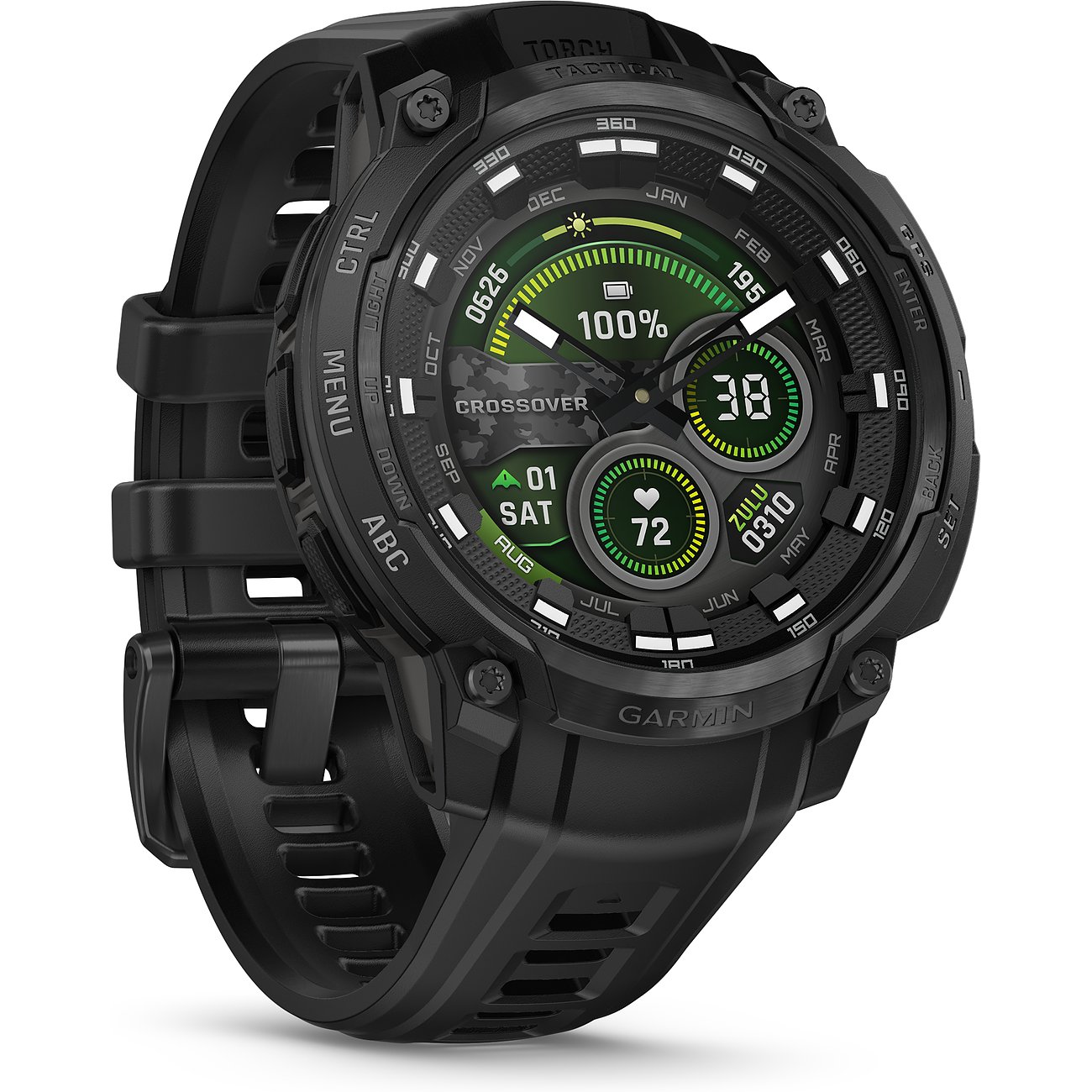 Eine schwarze Garmin Smartwatch aus Kunststoff, schräg von oben aufgenommen, zeigt ein beleuchtetes Zifferblatt.