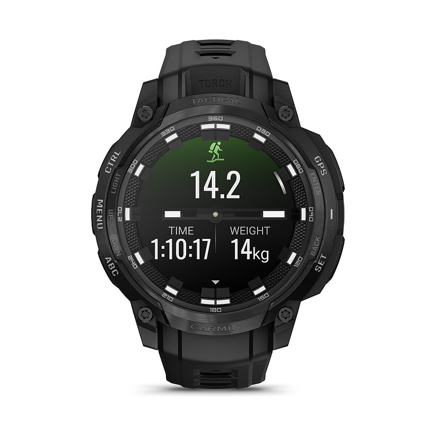 Eine schwarze Garmin Smartwatch aus Kunststoff mit dunklem Display. Das Display zeigt „14.2“, „1:10:17“ und „14kg“ an.