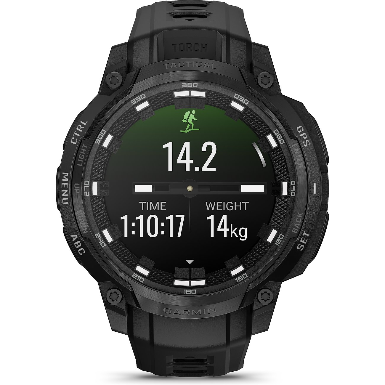 Eine schwarze Garmin Smartwatch aus Kunststoff mit dunklem Display. Das Display zeigt „14.2“, „1:10:17“ und „14kg“ an.