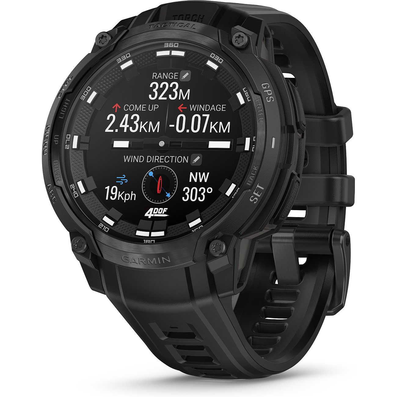 Eine schwarze Garmin Smartwatch aus Kunststoff mit digitaler Anzeige, die Entfernung, Windrichtung und Geschwindigkeit zeigt.