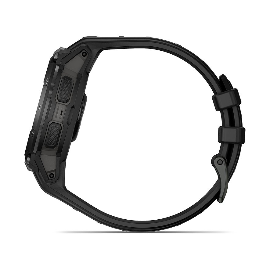Seitenansicht der Garmin Smartwatch aus Kunststoff in Schwarz mit Tasten an der linken Seite und Verschluss.