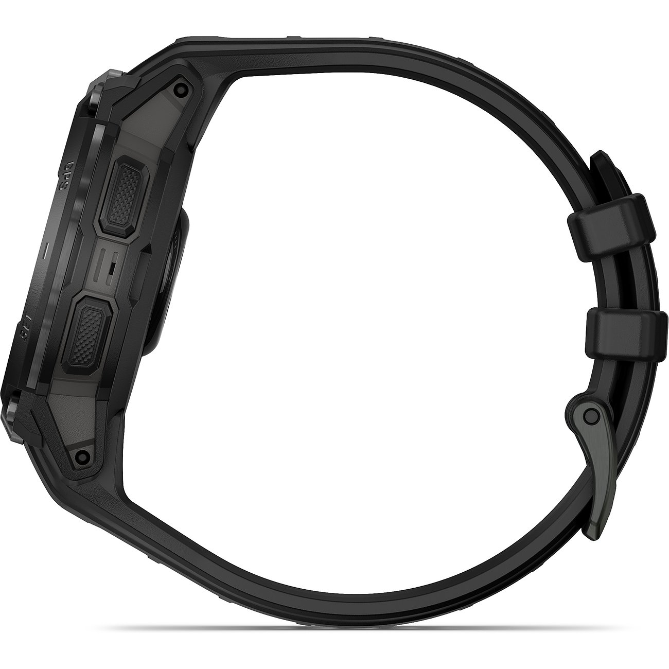 Seitenansicht der Garmin Smartwatch aus Kunststoff in Schwarz mit Tasten an der linken Seite und Verschluss.