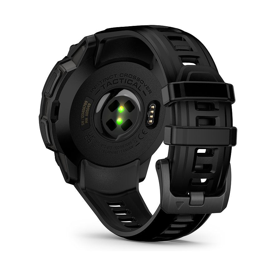 Rückseite der schwarzen Garmin Instinct Crossover Smartwatch aus Kunststoff mit leuchtenden grünen Sensoren und Metallkontakten.