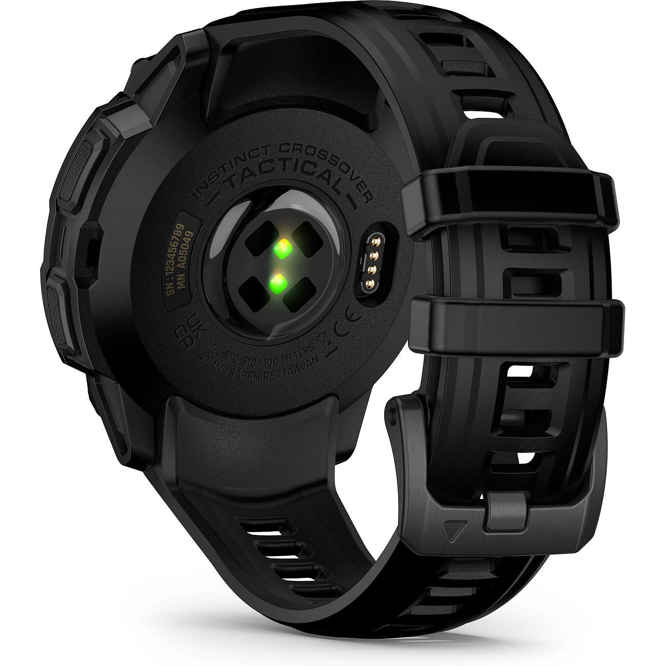 Rückseite der schwarzen Garmin Instinct Crossover Smartwatch aus Kunststoff mit leuchtenden grünen Sensoren und Metallkontakten.