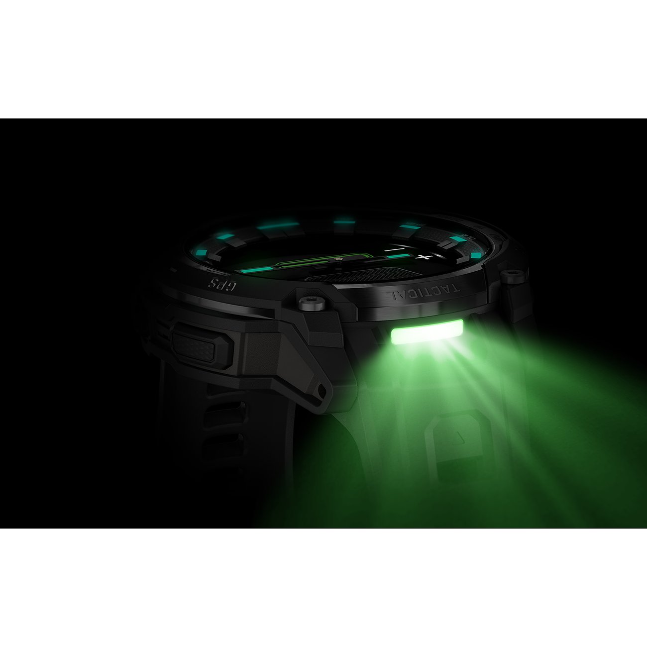 Nahaufnahme der schwarzen Garmin Kunststoff Smartwatch, die einen hellgrünen Lichtstrahl abgibt.