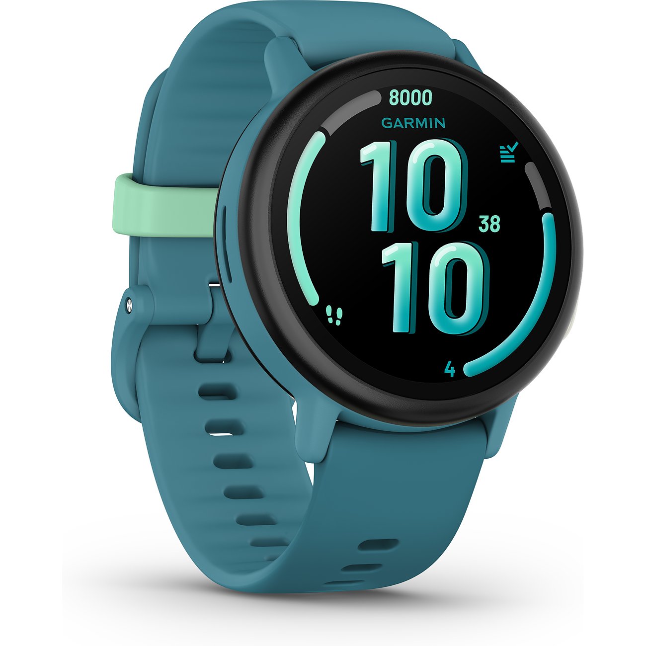 Nahaufnahme einer Garmin Smartwatch aus Kunststoff in Blaugrün, die auf einem weißen Hintergrund positioniert ist.