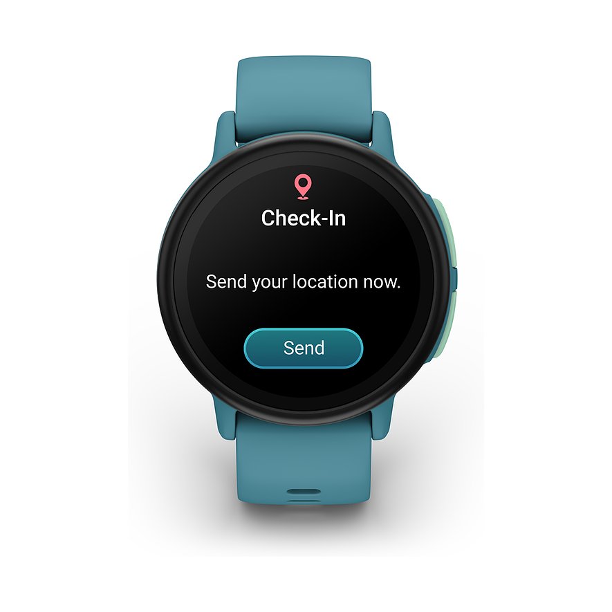 Die Garmin Smartwatch aus Kunststoff in Blaugrün zeigt auf dem Display eine Check-In-Funktion mit einem Send-Button.