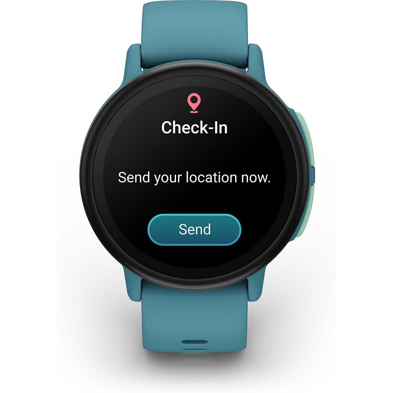 Die Garmin Smartwatch aus Kunststoff in Blaugrün zeigt auf dem Display eine Check-In-Funktion mit einem Send-Button.