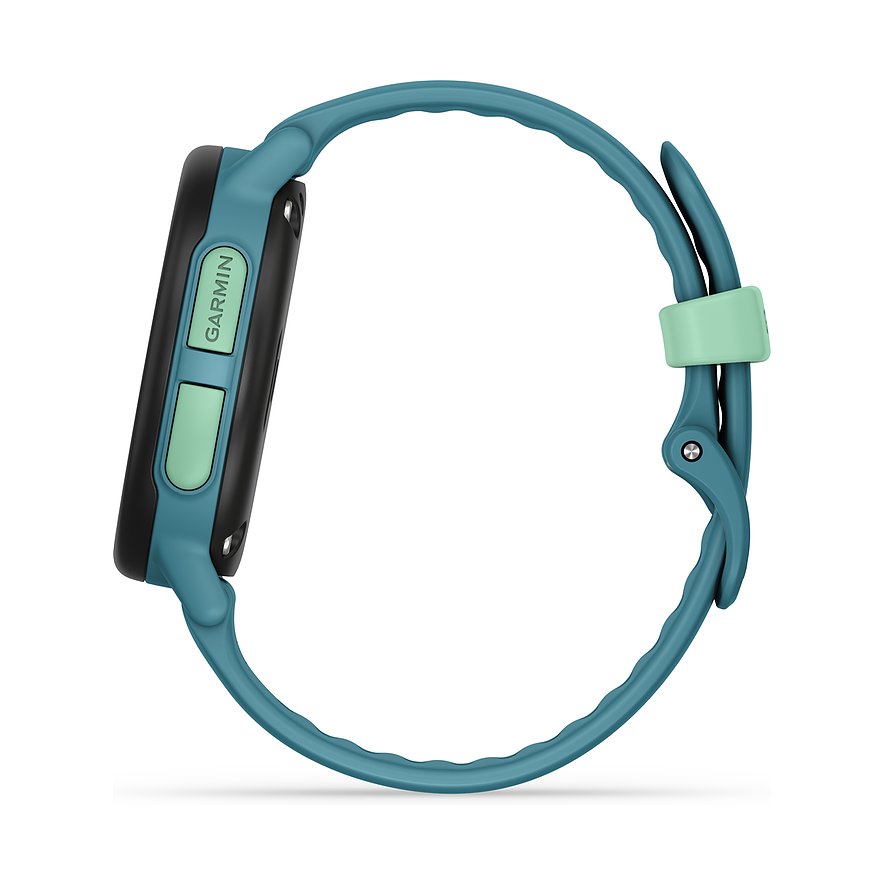 Eine Garmin Smartwatch aus Kunststoff in Petrolblau mit hellgrünen Akzenten, die von der Seite gezeigt wird.