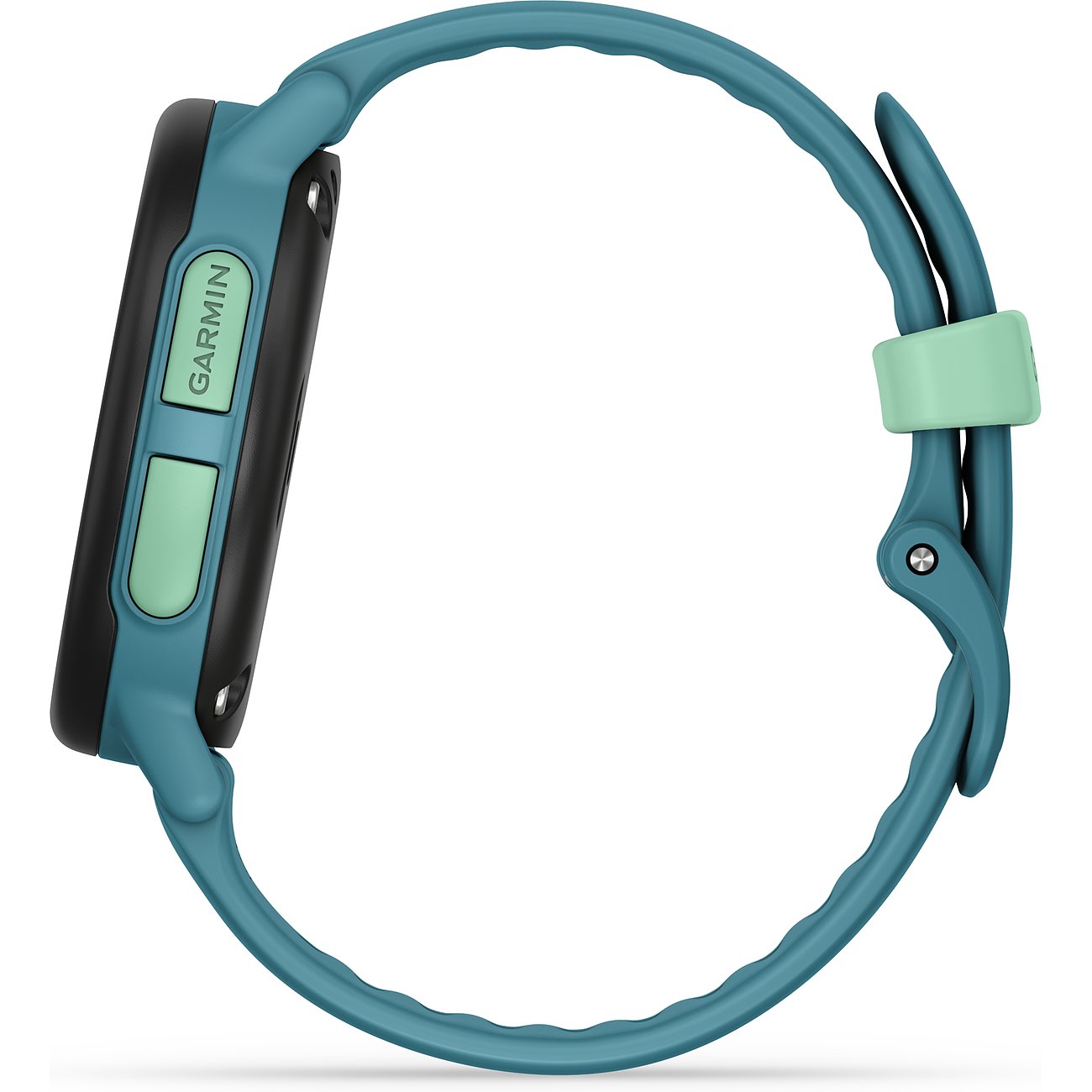Eine Garmin Smartwatch aus Kunststoff in Petrolblau mit hellgrünen Akzenten, die von der Seite gezeigt wird.