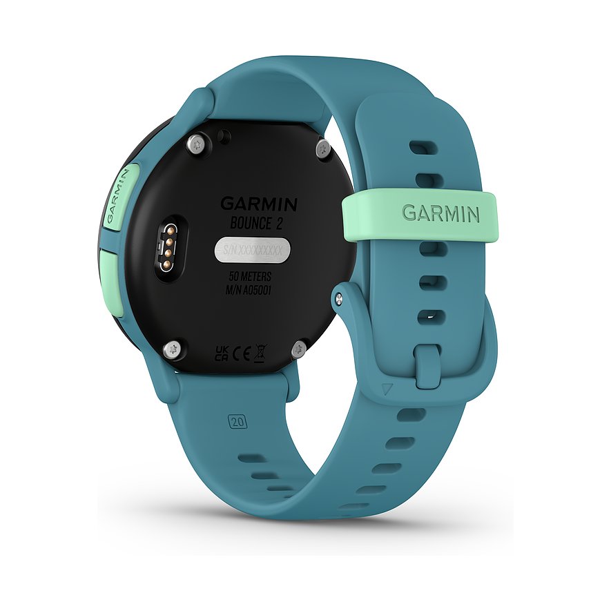 Rückseite einer Garmin Bounce Smartwatch aus Kunststoff mit leuchtend blauem Band, schwarzen Sensoren und grünen Akzenten.
