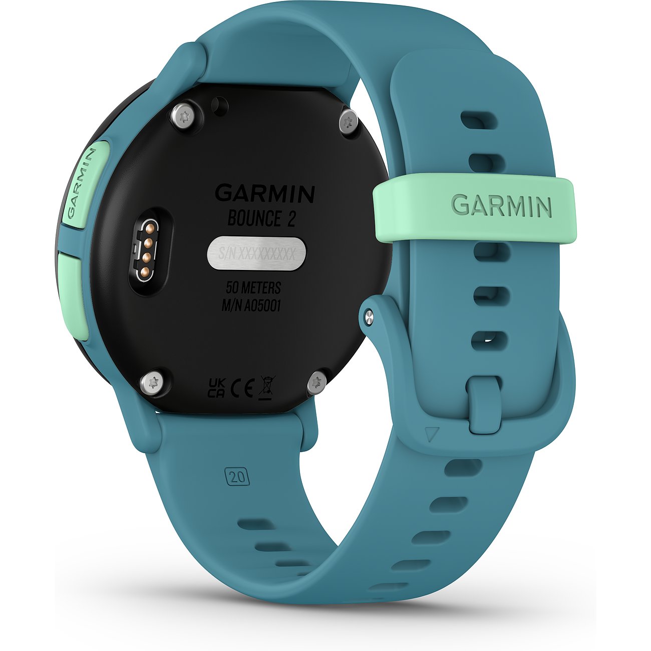 Rückseite einer Garmin Bounce Smartwatch aus Kunststoff mit leuchtend blauem Band, schwarzen Sensoren und grünen Akzenten.