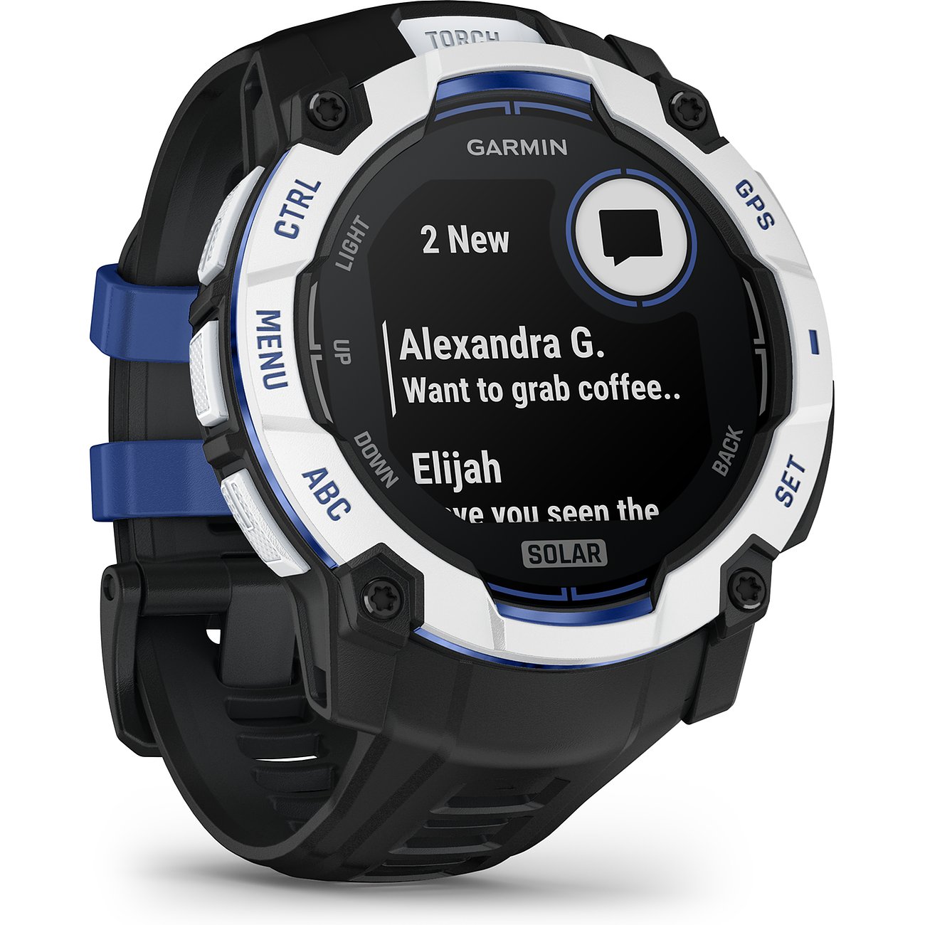 Eine schwarze Garmin Smartwatch aus Kunststoff mit weißer Lünette und blauen Akzenten zeigt neue Benachrichtigungen an.