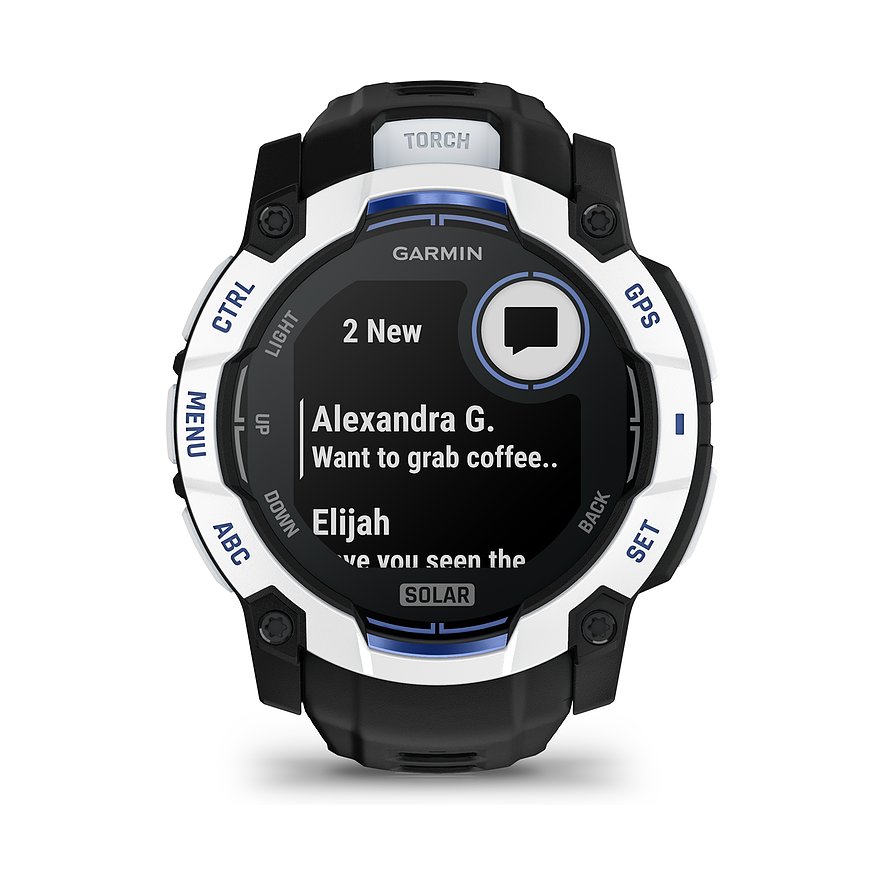 Eine schwarze und weiße Garmin Smartwatch aus Kunststoff, die Nachrichten auf dem Display anzeigt.