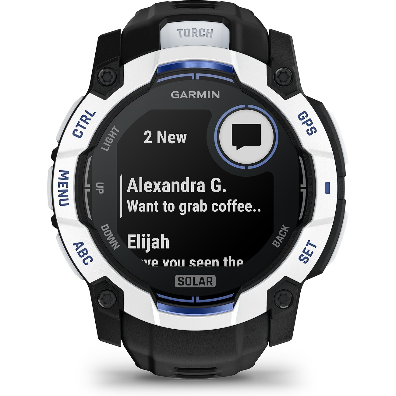 Eine schwarze und weiße Garmin Smartwatch aus Kunststoff, die Nachrichten auf dem Display anzeigt.