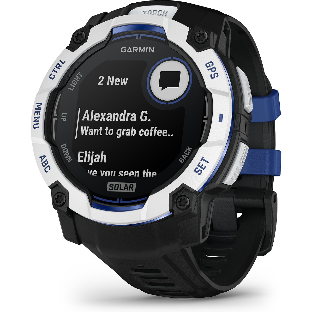 Die Garmin Smartwatch aus Kunststoff in Schwarz mit weißem Gehäuse und blauen Akzenten zeigt eine Benachrichtigung an.