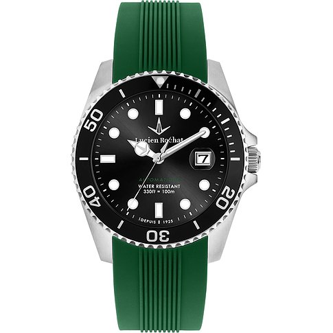 Die Lucien Rochat Uhr aus Edelstahl hat ein schwarzes Zifferblatt und ein grünes Kautschukarmband.