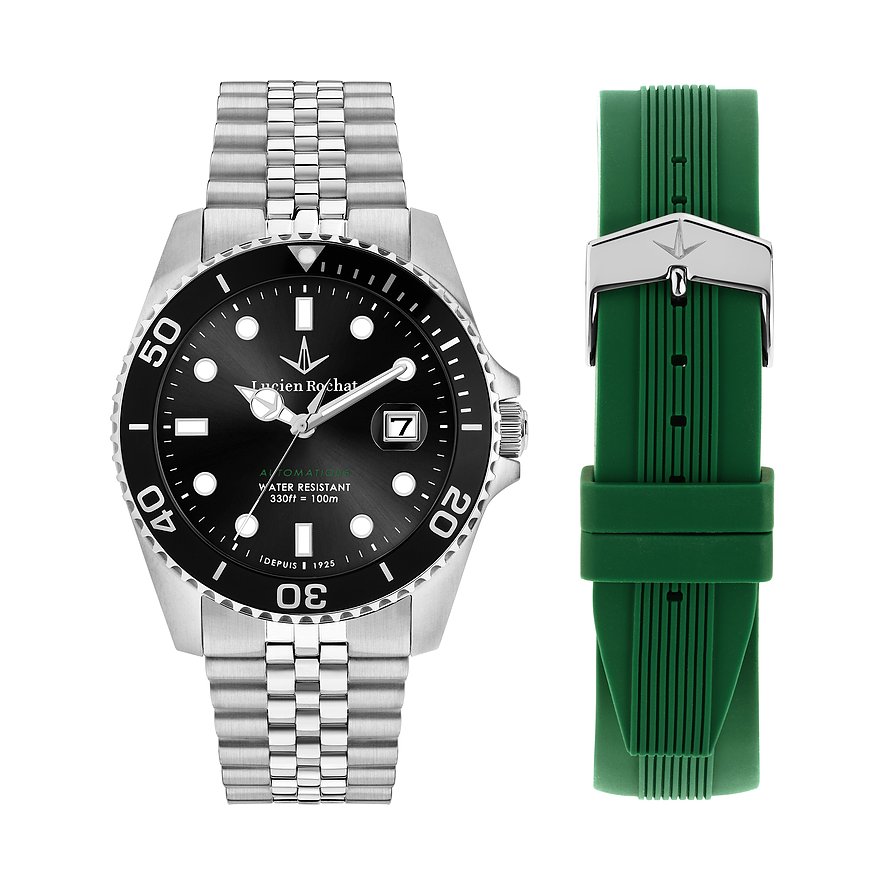 Lucien Rochat Edelstahl Set mit Armbanduhr und zusätzlichem grünen Kautschukarmband.