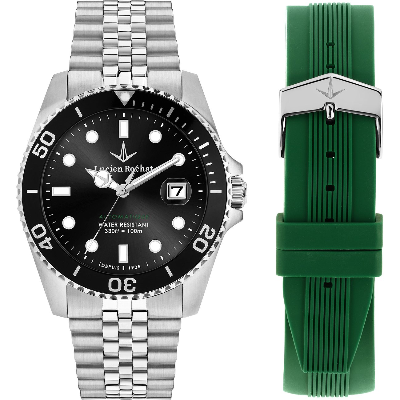 Lucien Rochat Edelstahl Set mit Armbanduhr und zusätzlichem grünen Kautschukarmband.