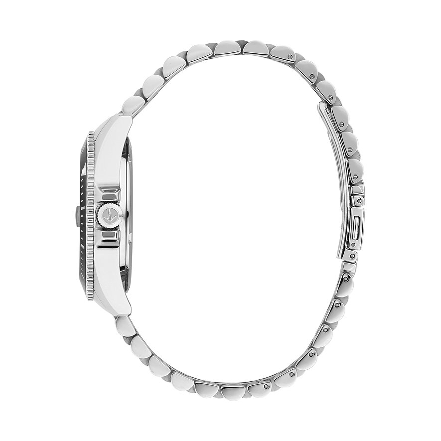 Seitenansicht der runden Lucien Rochat Uhr aus Edelstahl mit schwarzem Zifferblatt und silberfarbenem Armband.