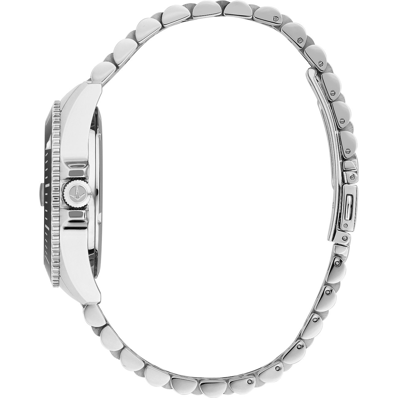 Seitenansicht der runden Lucien Rochat Uhr aus Edelstahl mit schwarzem Zifferblatt und silberfarbenem Armband.
