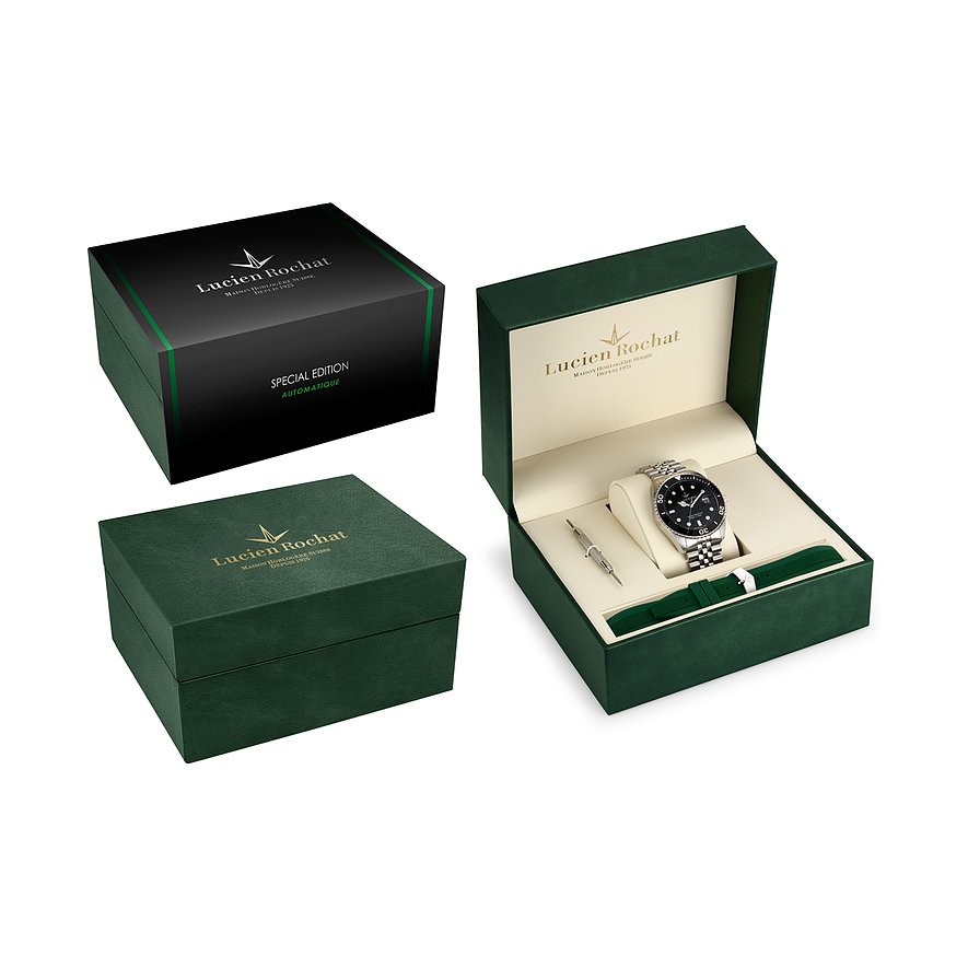 Lucien Rochat Edelstahl-Uhren-Set mit zwei dunkelgrünen Geschenkboxen und einer offenen Box mit Uhr auf Kissen.