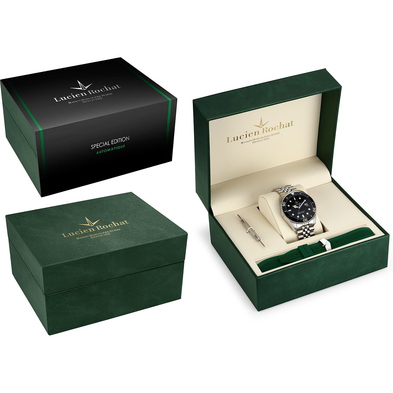 Lucien Rochat Edelstahl-Uhren-Set mit zwei dunkelgrünen Geschenkboxen und einer offenen Box mit Uhr auf Kissen.