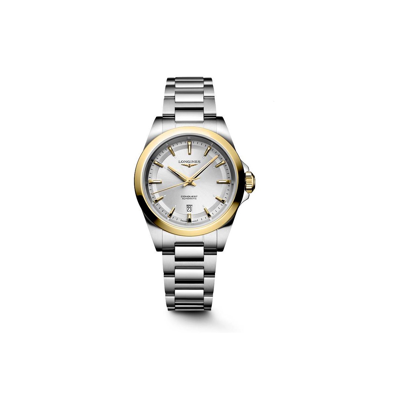 Nahaufnahme einer Longines Damenuhr aus Edelstahl mit goldenen Akzenten und silberfarbenem Zifferblatt.
