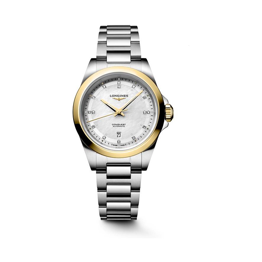 Nahaufnahme der Longines Damenuhr aus Edelstahl und Gold mit einem Diamant-besetzten Zifferblatt.