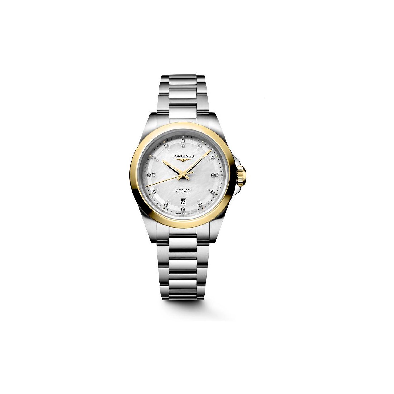 Nahaufnahme der Longines Damenuhr aus Edelstahl und Gold mit einem Diamant-besetzten Zifferblatt.