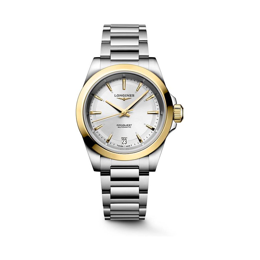 Longines Damenuhr aus zweifarbigem Edelstahl mit goldenem Rand, silbernem Zifferblatt und Datumsanzeige.