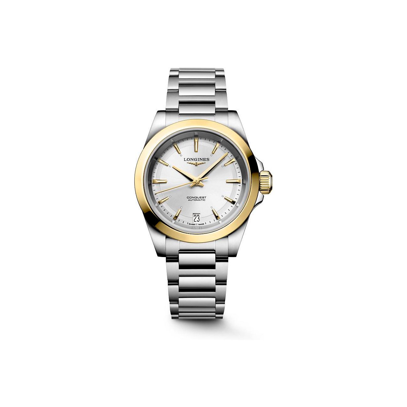 Longines Damenuhr aus zweifarbigem Edelstahl mit goldenem Rand, silbernem Zifferblatt und Datumsanzeige.