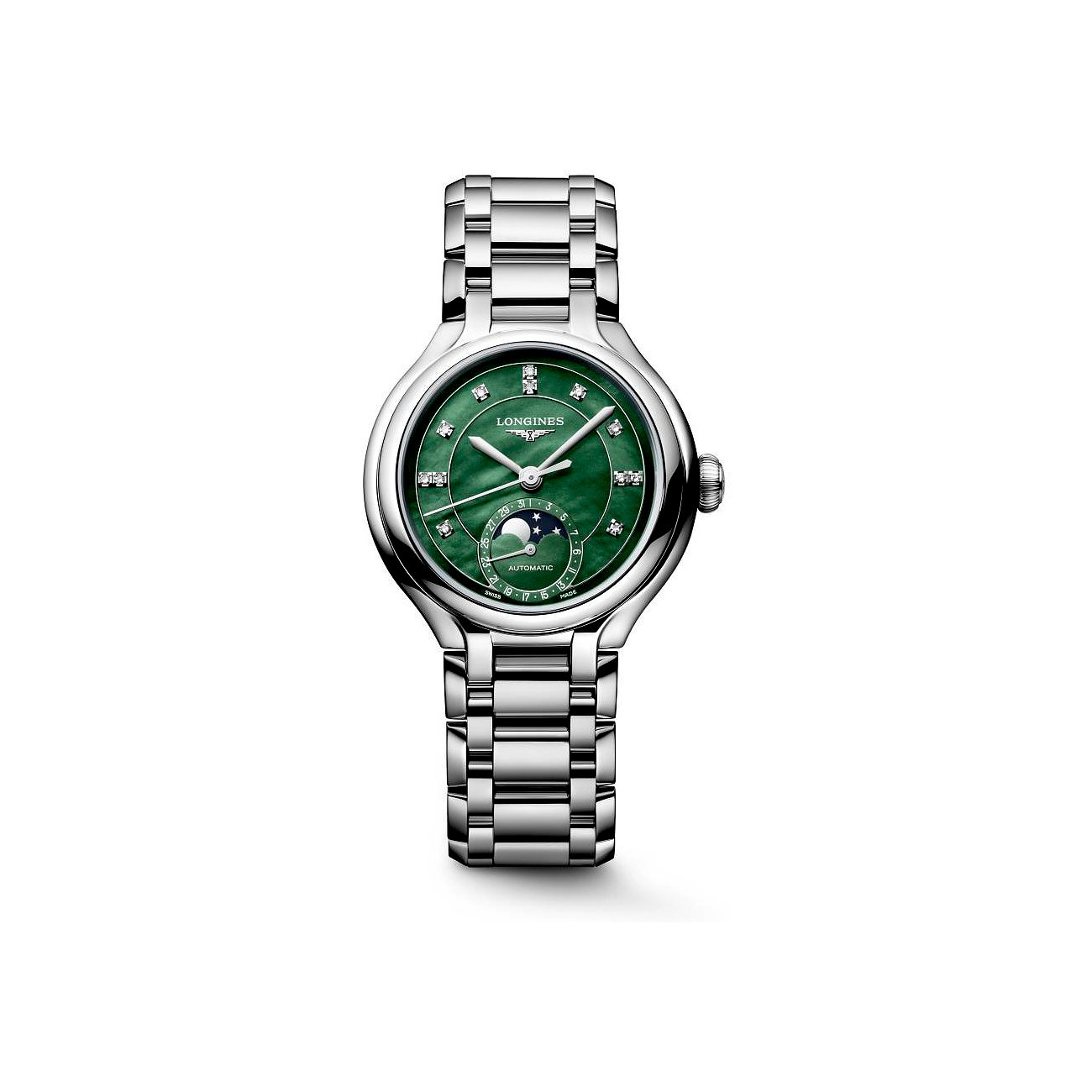 Nahaufnahme einer Longines Damenuhr aus Edelstahl mit ovalem Gehäuse, dunkelgrünem Zifferblatt und Diamant-Indexen.