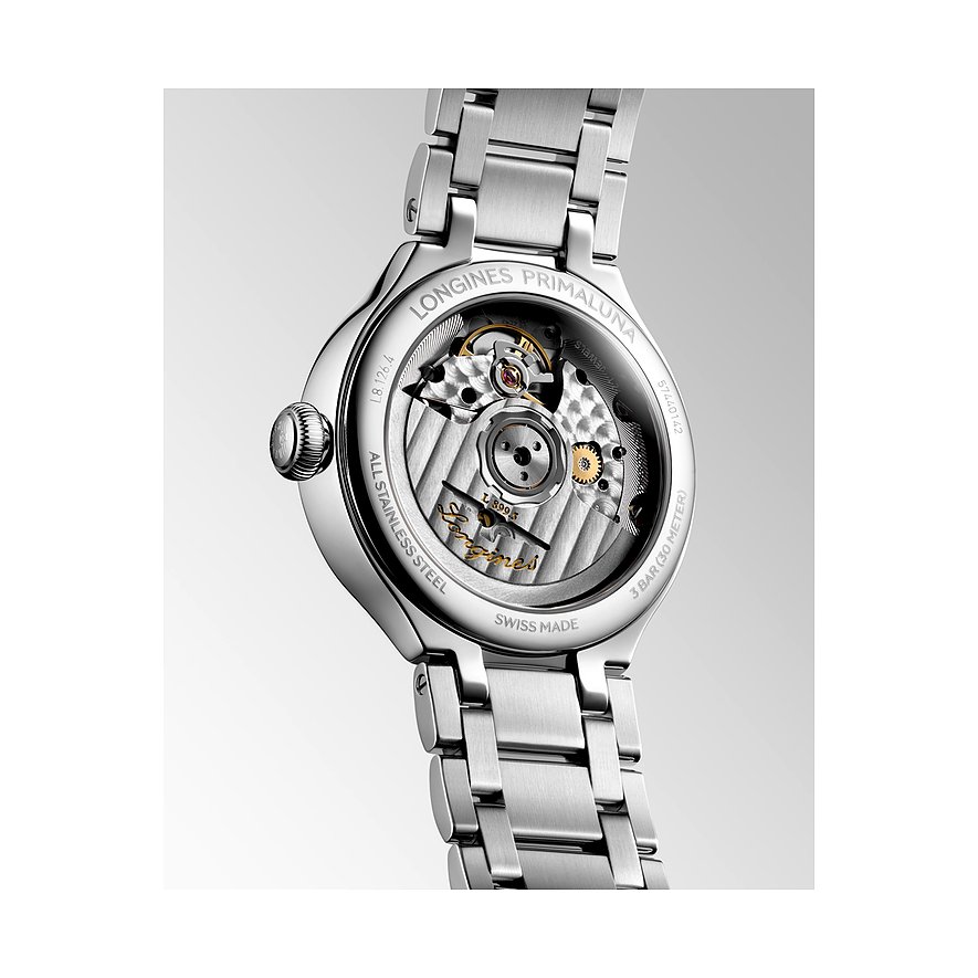Rückseite einer Longines PRIMALUNA Damenuhr aus Edelstahl mit sichtbarem Uhrwerk und Prägungen.