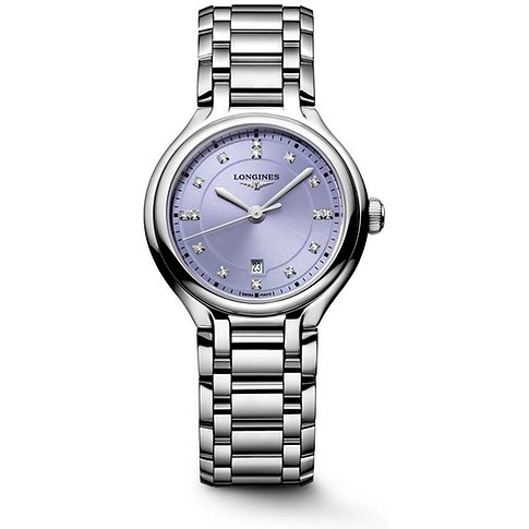 Longines Damenuhr aus Edelstahl mit lila Zifferblatt und Diamanten als Stundenmarkierungen, von vorne.