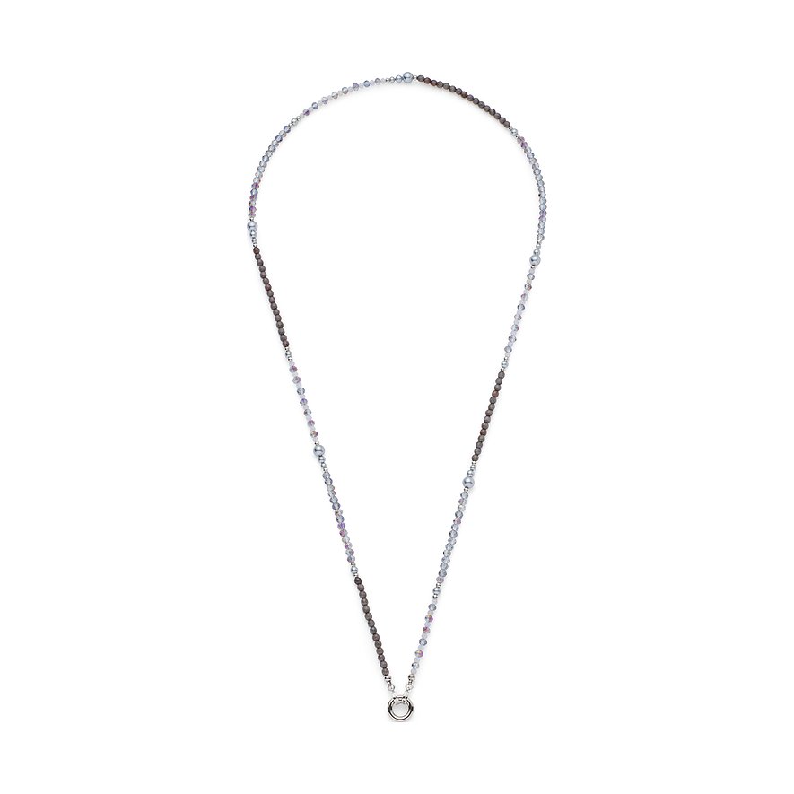 Leonardo Halskette aus Edelstahl mit abwechselnd grau-braunen und hellen Glassteinperlen sowie einem Ringanhänger.